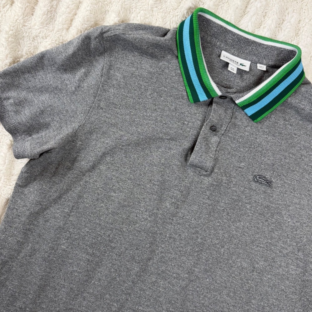 Lacoste Mens Regular Fit Polo Shirt Grey Striped Collar XL FR 6 FA13808